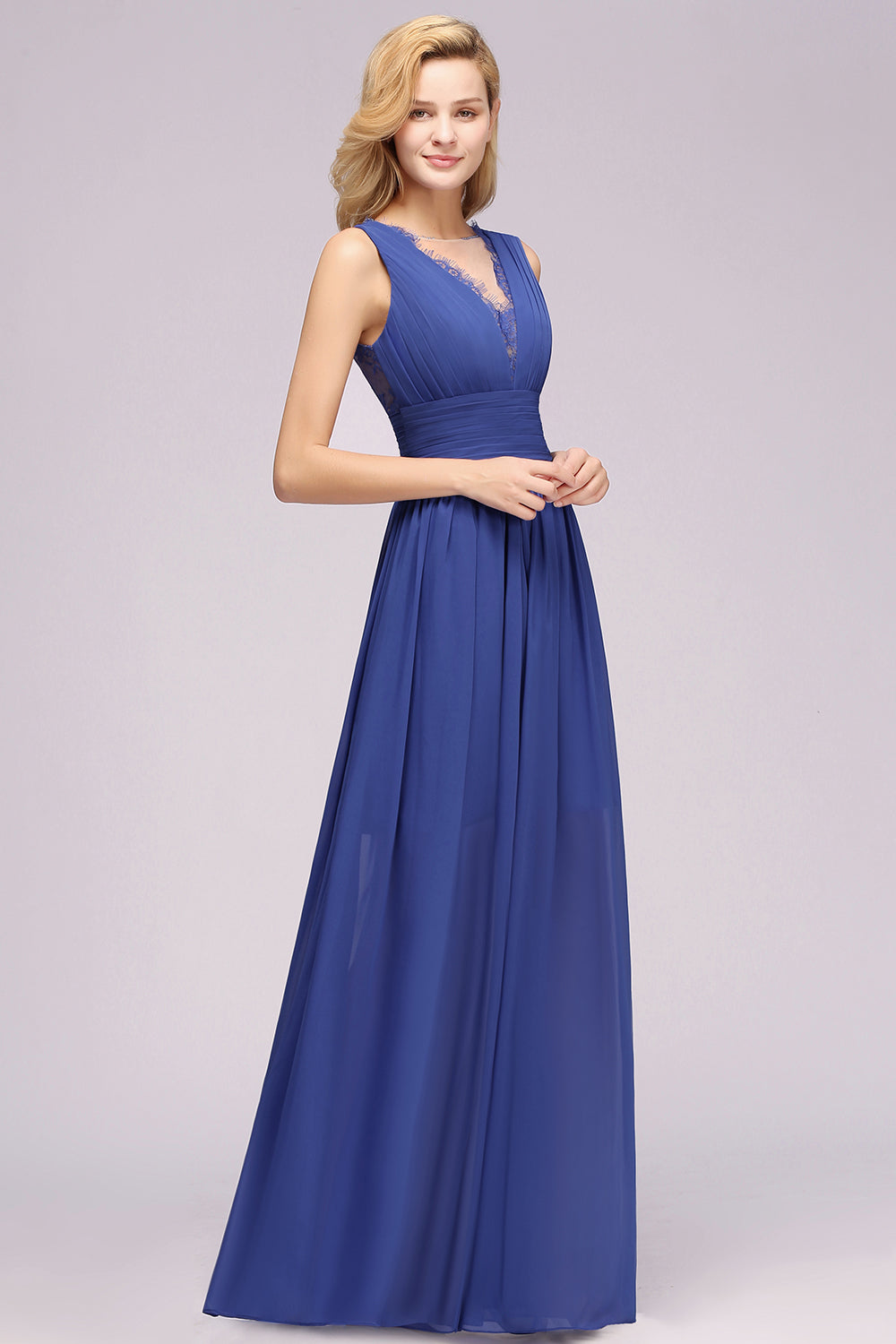 Elegant Chiffon Lace Jewel Sleeveless Bridesmaid Dress with Ruffle-Babyonlines