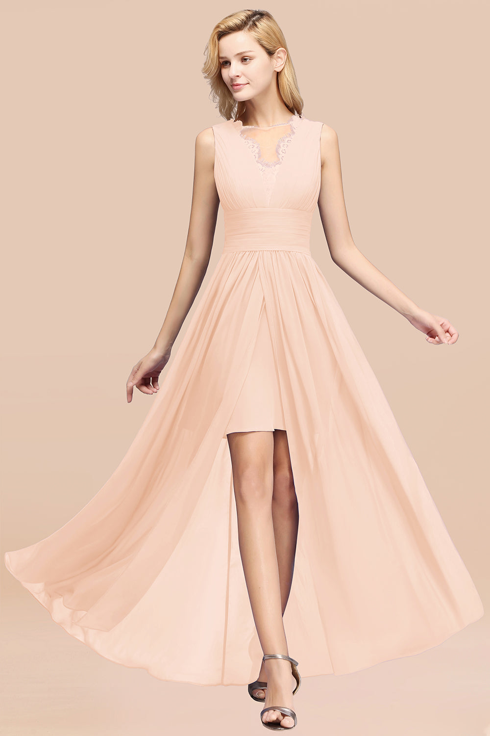 Elegant Chiffon Lace Jewel Sleeveless Bridesmaid Dress with Ruffle-Babyonlines