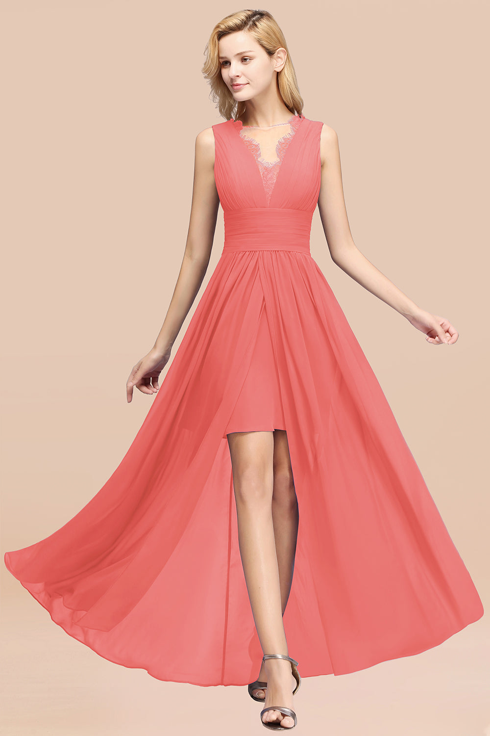 Elegant Chiffon Lace Jewel Sleeveless Bridesmaid Dress with Ruffle-Babyonlines