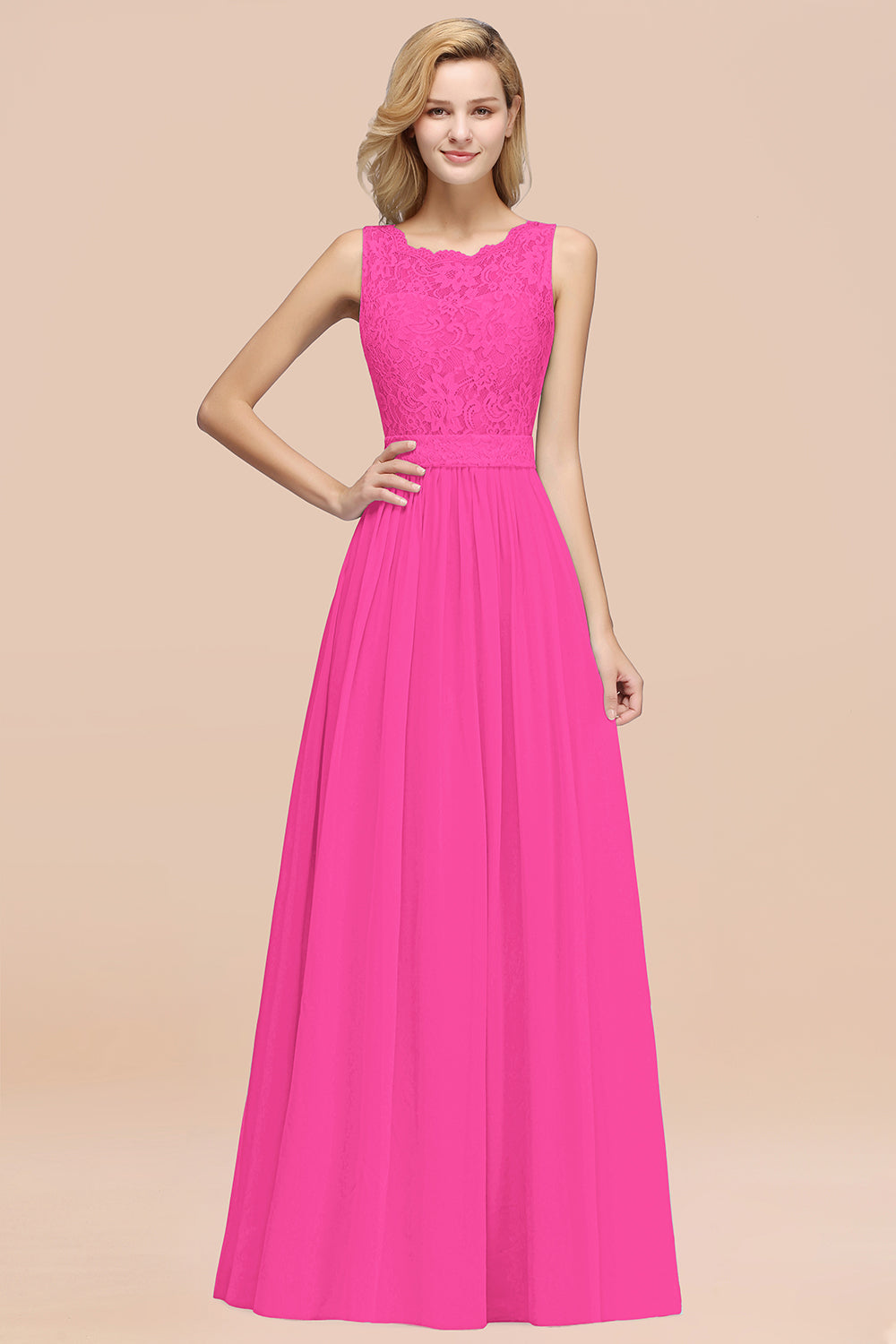 Elegant Chiffon Lace Scalloped Sleeveless Ruffle Bridesmaid Dresses-Babyonlines