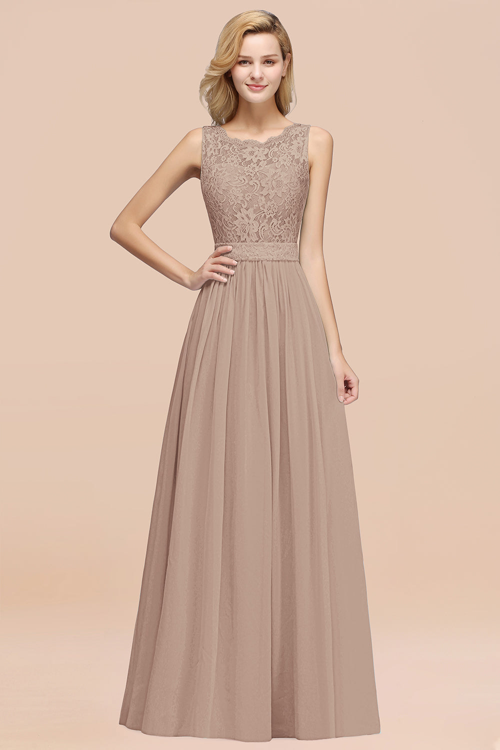 Elegant Chiffon Lace Scalloped Sleeveless Ruffle Bridesmaid Dresses-Babyonlines