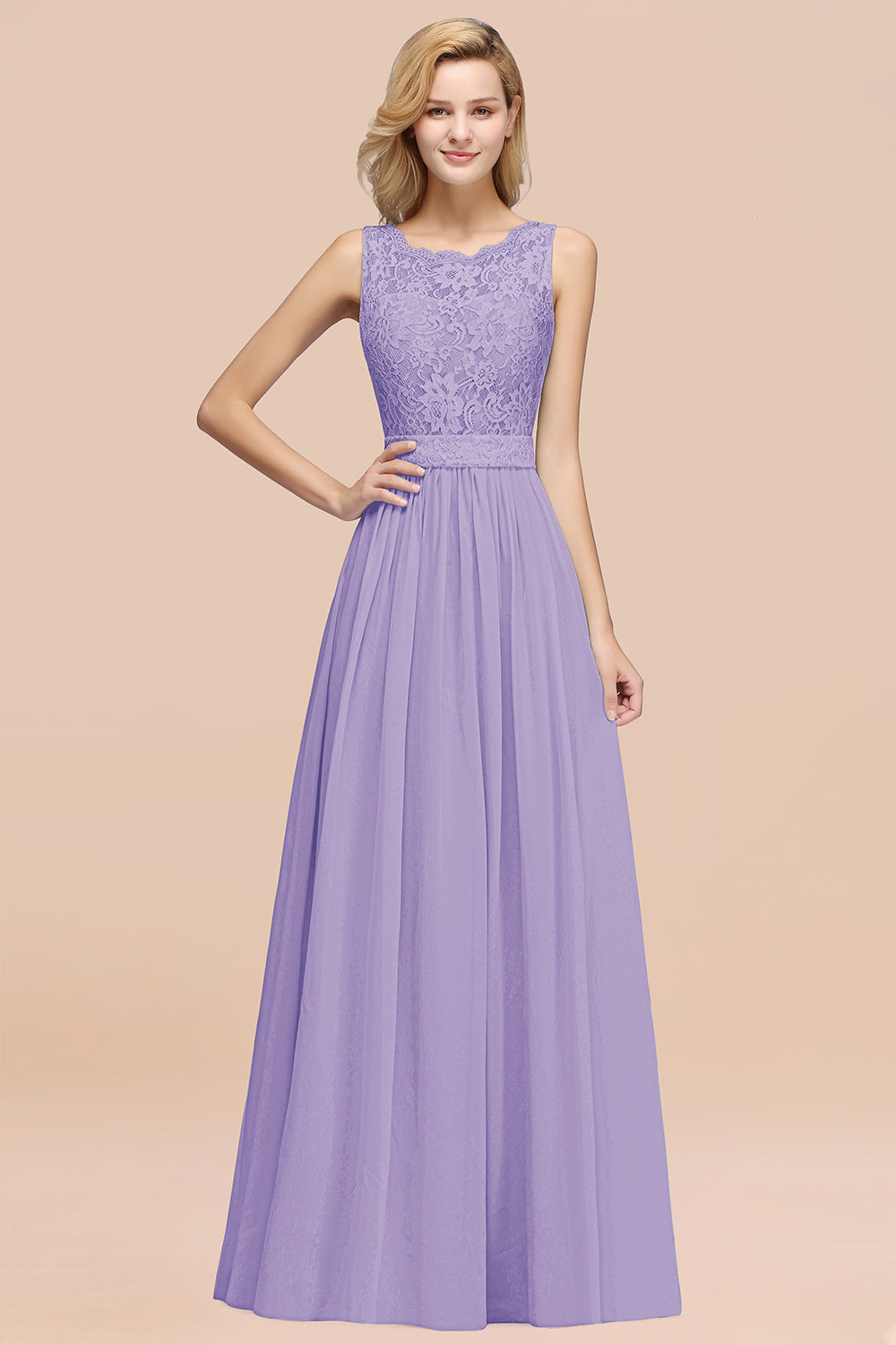 Elegant Chiffon Lace Scalloped Sleeveless Ruffle Bridesmaid Dresses-Babyonlines