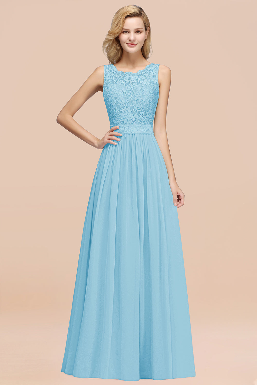 Elegant Chiffon Lace Scalloped Sleeveless Ruffle Bridesmaid Dresses-Babyonlines