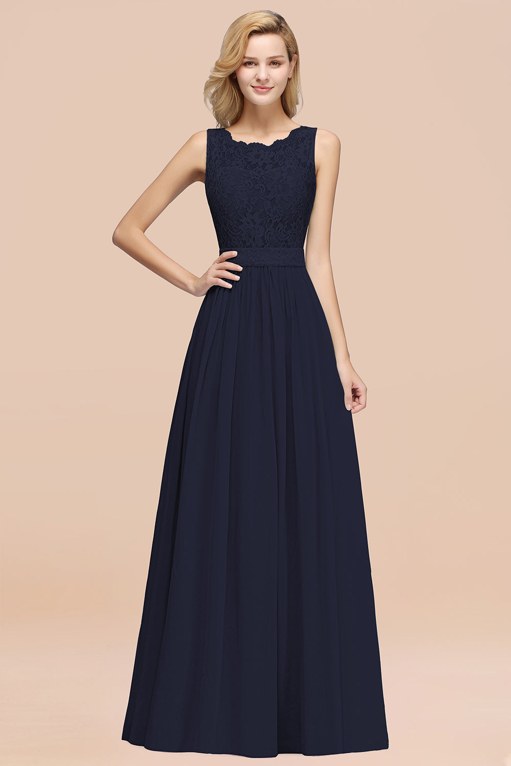 Elegant Chiffon Lace Scalloped Sleeveless Ruffle Bridesmaid Dresses-Babyonlines