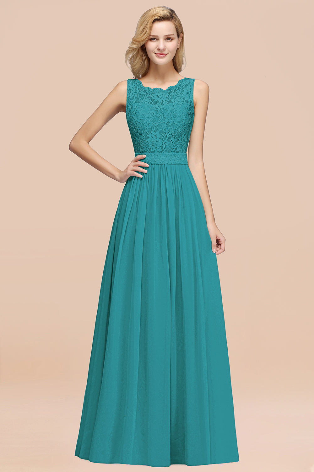 Elegant Chiffon Lace Scalloped Sleeveless Ruffle Bridesmaid Dresses-Babyonlines