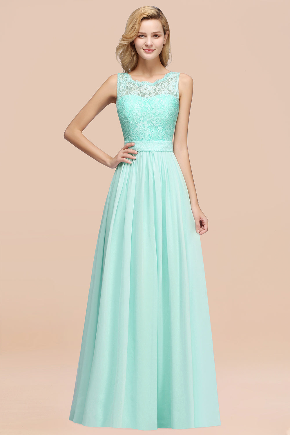 Elegant Chiffon Lace Scalloped Sleeveless Ruffle Bridesmaid Dresses-Babyonlines