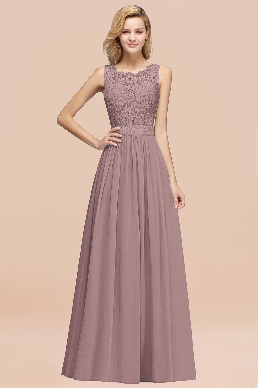 Elegant Chiffon Lace Scalloped Sleeveless Ruffle Bridesmaid Dresses-Babyonlines