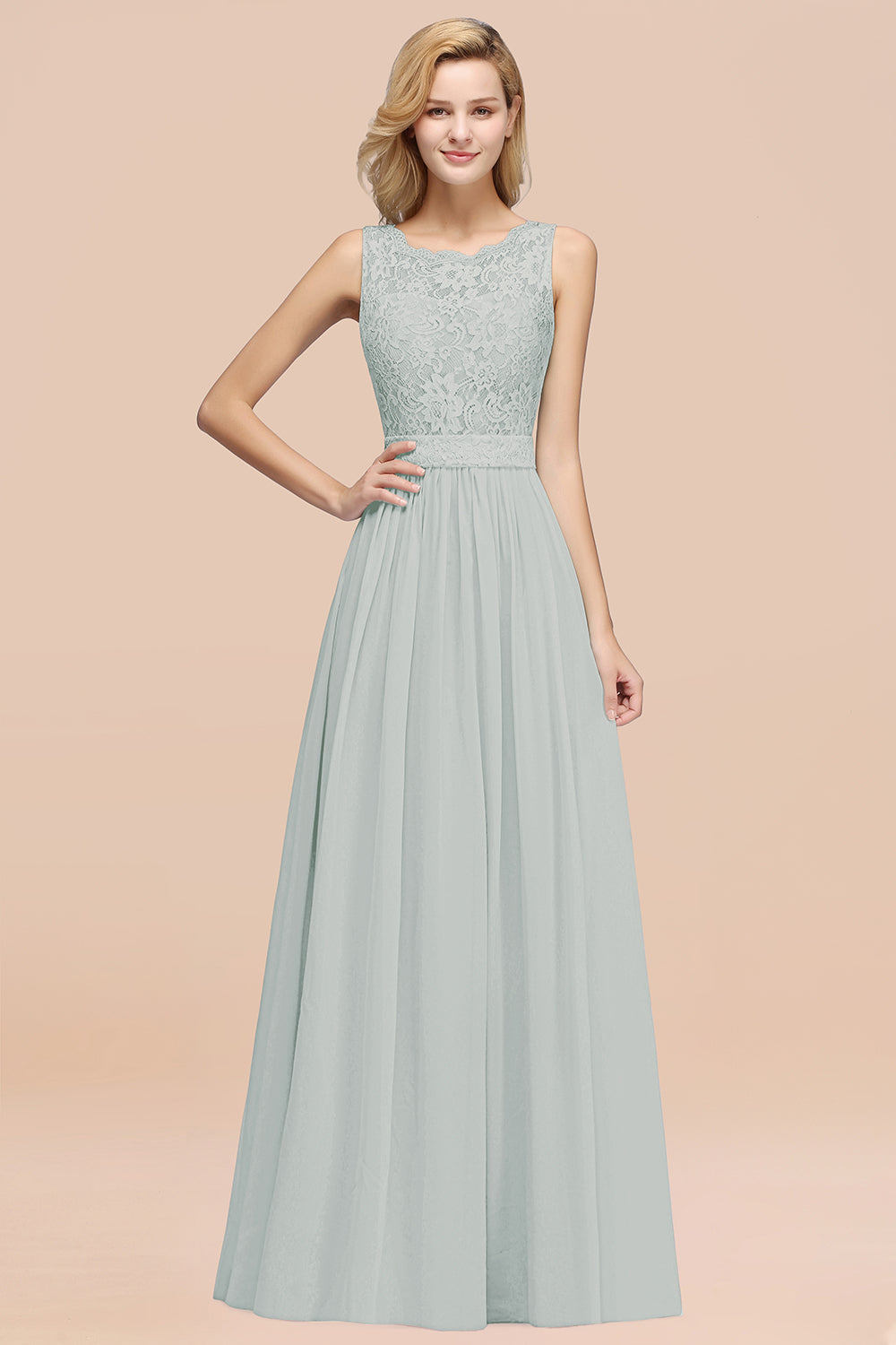Elegant Chiffon Lace Scalloped Sleeveless Ruffle Bridesmaid Dresses-Babyonlines