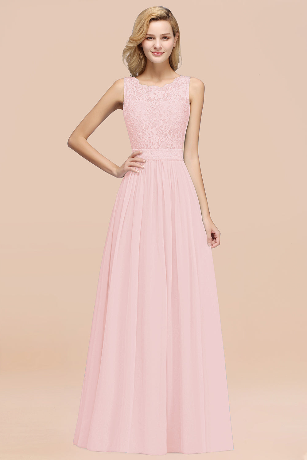 Elegant Chiffon Lace Scalloped Sleeveless Ruffle Bridesmaid Dresses-Babyonlines