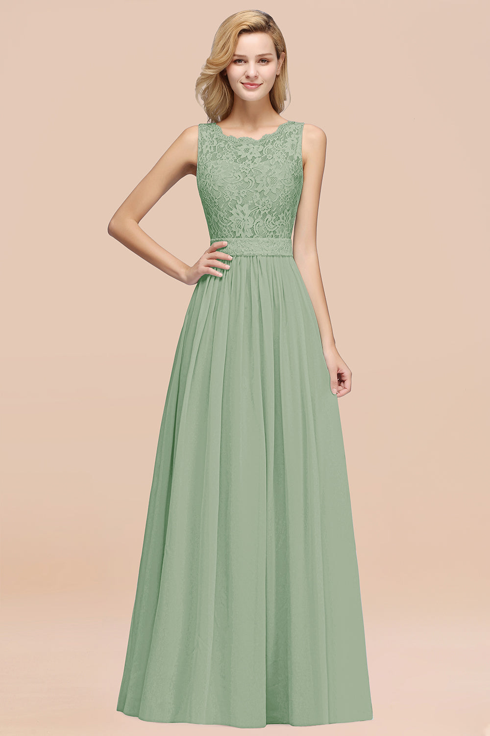 Elegant Chiffon Lace Scalloped Sleeveless Ruffle Bridesmaid Dresses-Babyonlines