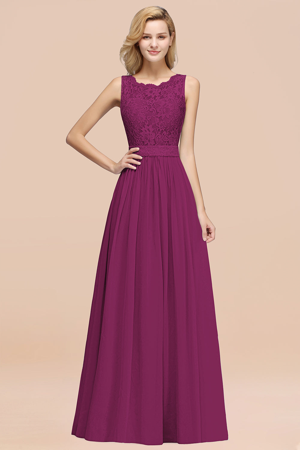 Elegant Chiffon Lace Scalloped Sleeveless Ruffle Bridesmaid Dresses-Babyonlines