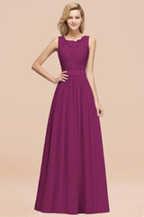 Elegant Chiffon Lace Scalloped Sleeveless Ruffle Bridesmaid Dresses-Babyonlines