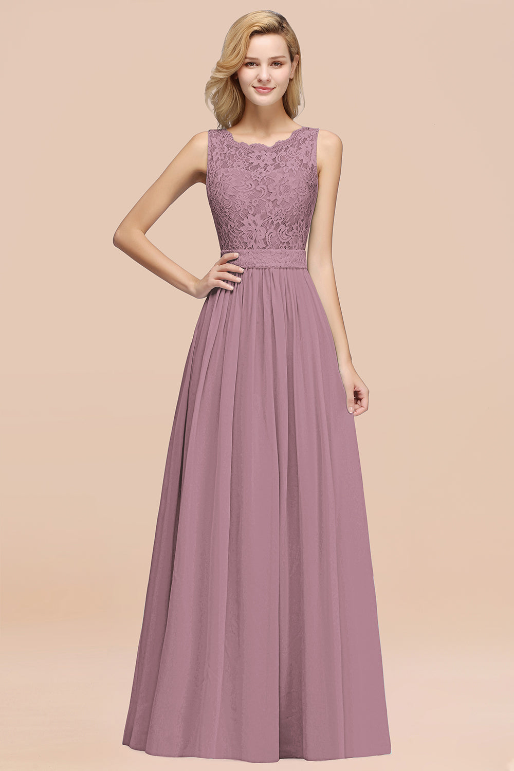 Elegant Chiffon Lace Scalloped Sleeveless Ruffle Bridesmaid Dresses-Babyonlines
