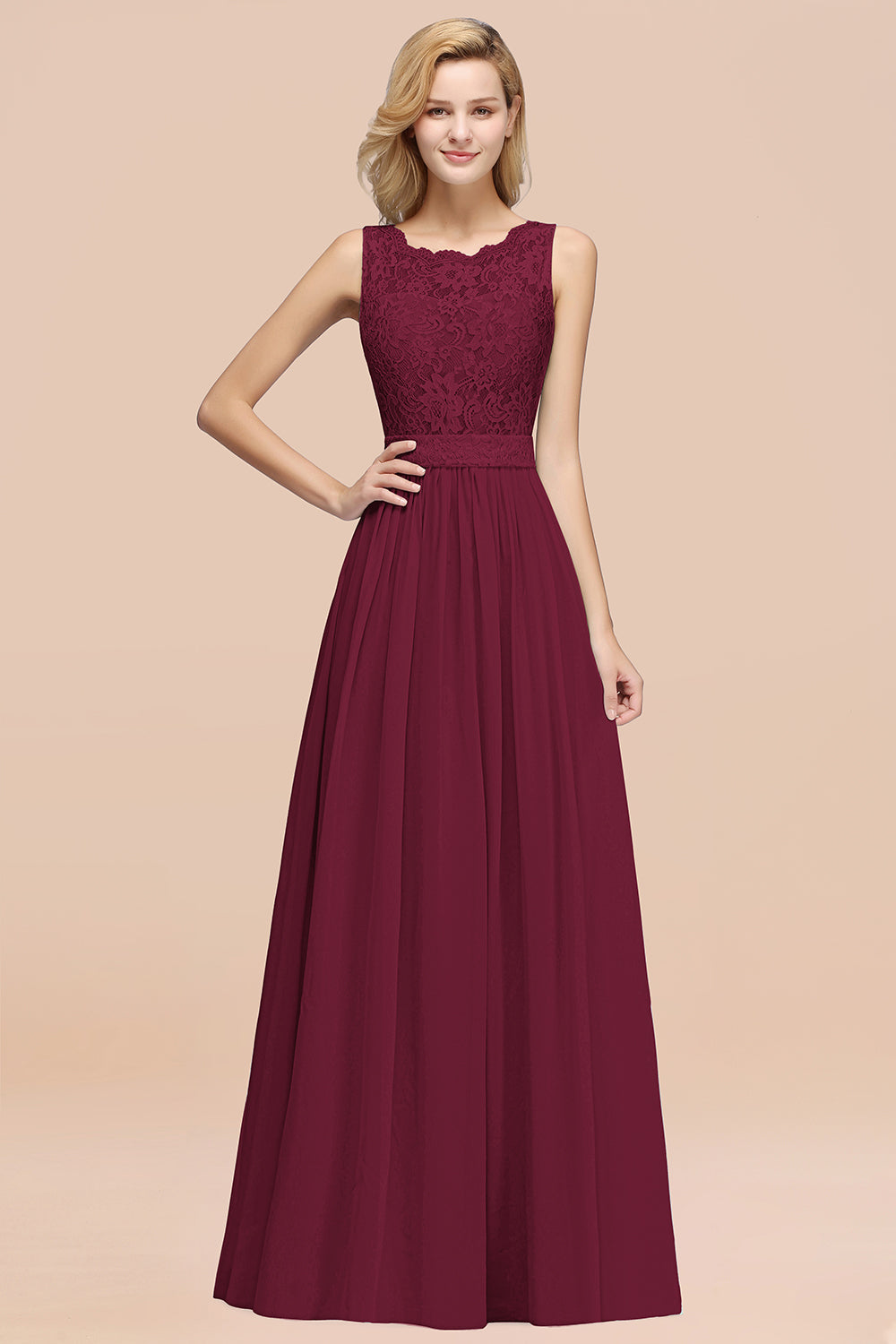 Elegant Chiffon Lace Scalloped Sleeveless Ruffle Bridesmaid Dresses-Babyonlines