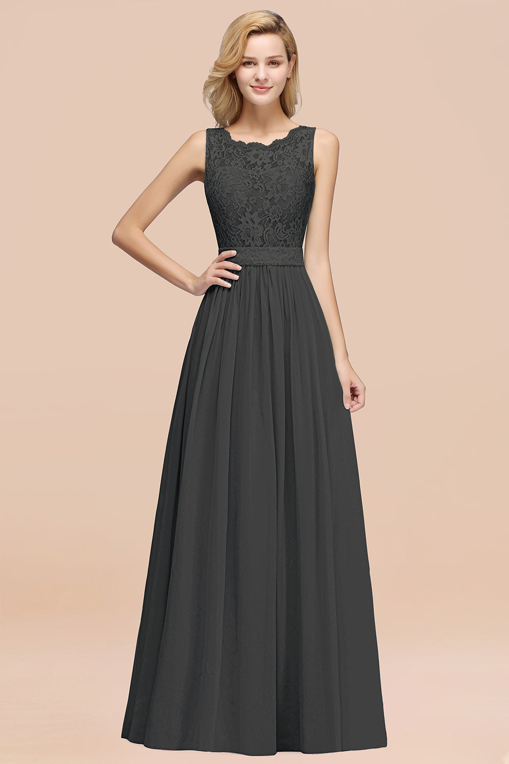 Elegant Chiffon Lace Scalloped Sleeveless Ruffle Bridesmaid Dresses-Babyonlines