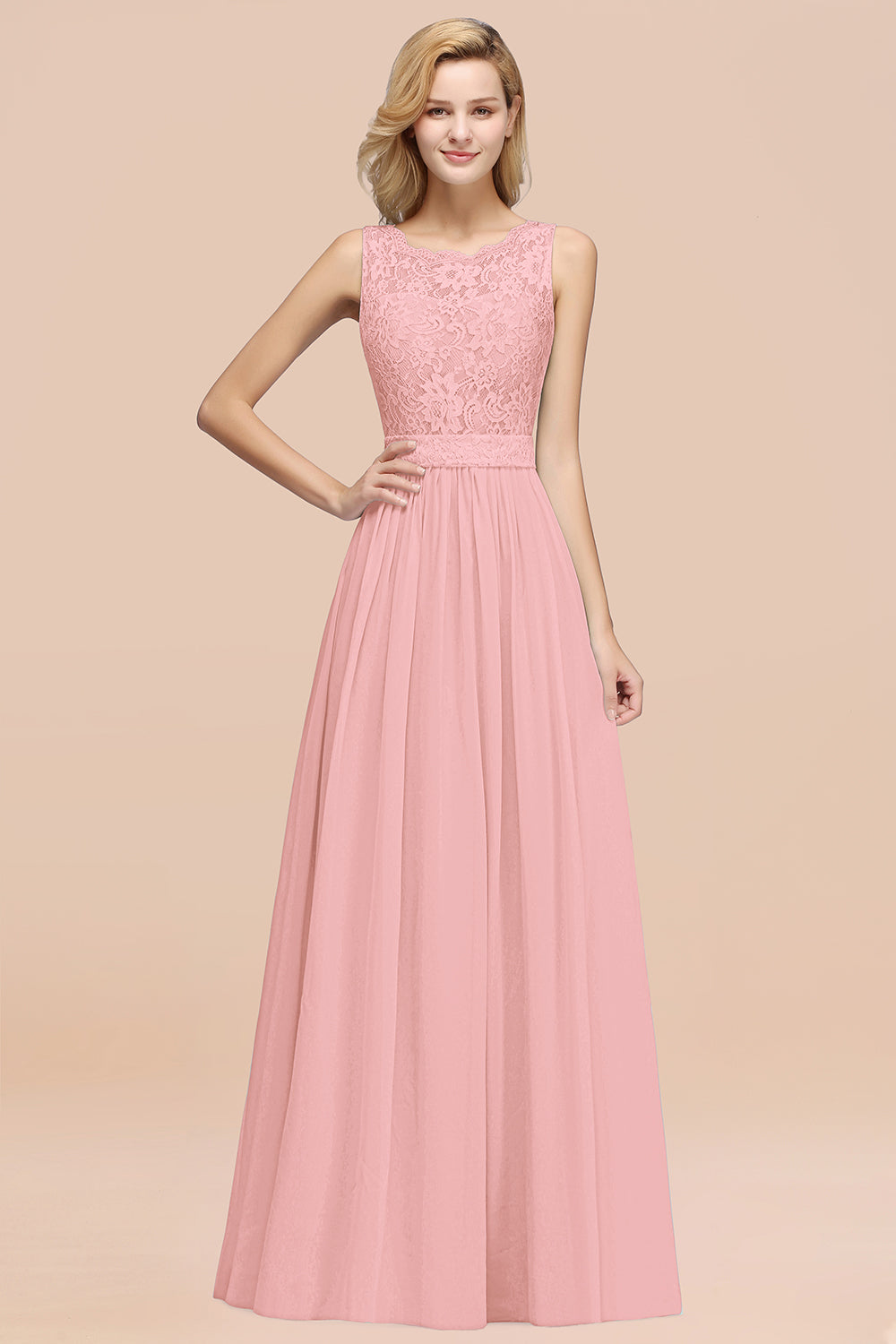 Elegant Chiffon Lace Scalloped Sleeveless Ruffle Bridesmaid Dresses-Babyonlines