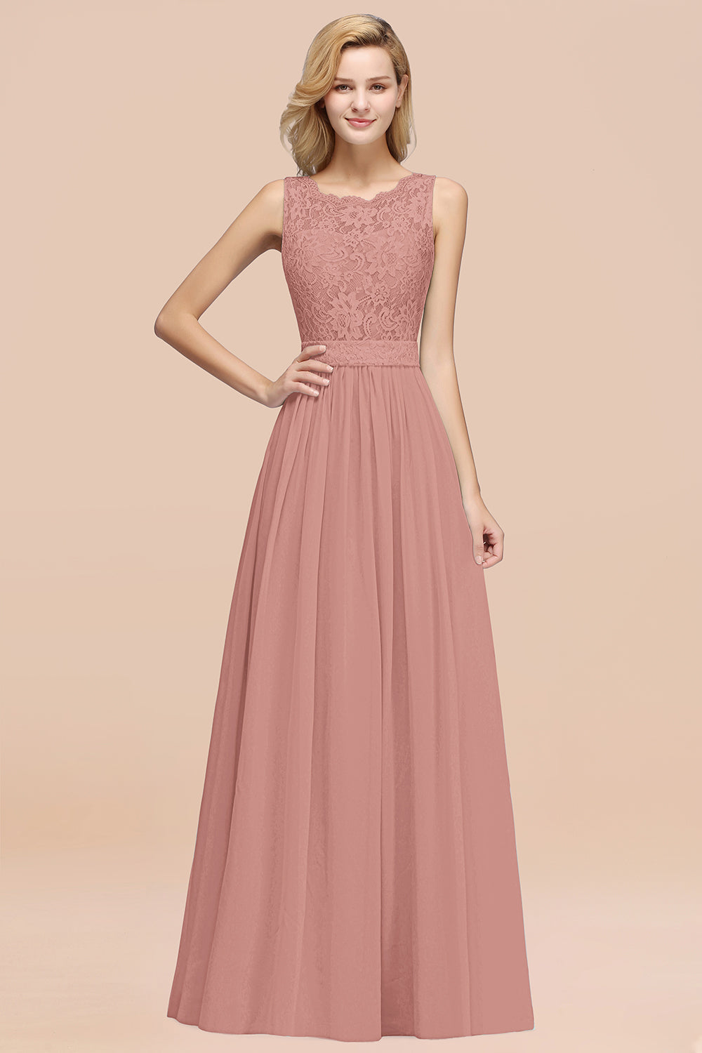 Elegant Chiffon Lace Scalloped Sleeveless Ruffle Bridesmaid Dresses-Babyonlines