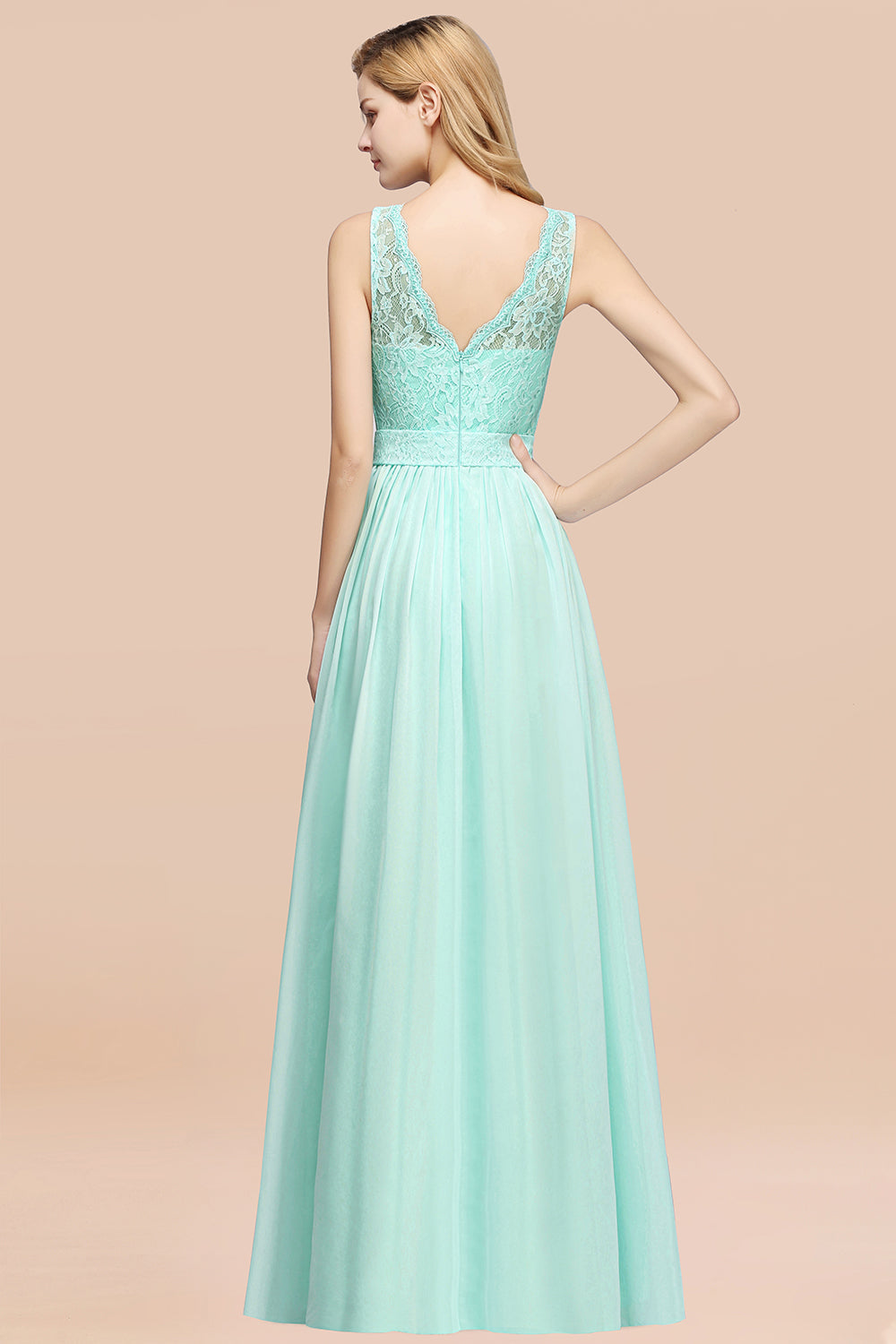 Elegant Chiffon Lace Scalloped Sleeveless Ruffle Bridesmaid Dresses-Babyonlines