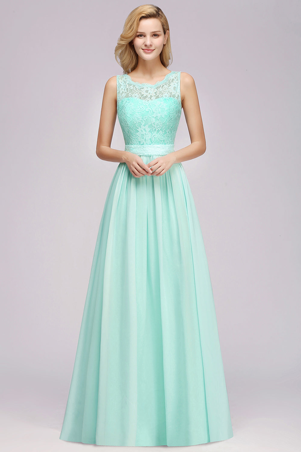 Elegant Chiffon Lace Scalloped Sleeveless Ruffle Bridesmaid Dresses-Babyonlines