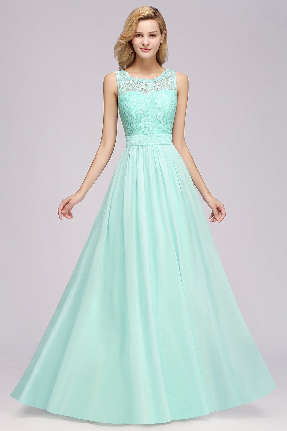 Elegant Chiffon Lace Scalloped Sleeveless Ruffle Bridesmaid Dresses-Babyonlines