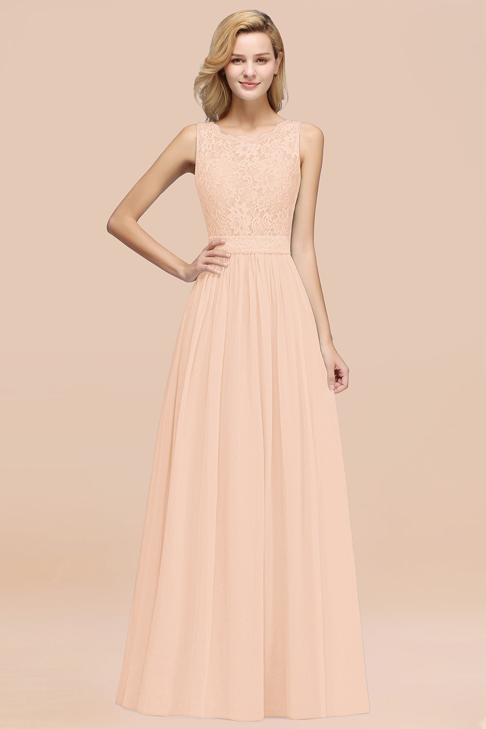 Elegant Chiffon Lace Scalloped Sleeveless Ruffle Bridesmaid Dresses-Babyonlines