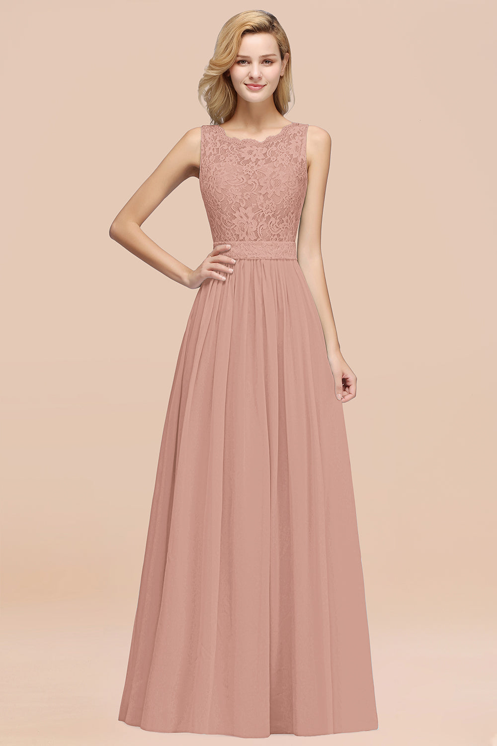 Elegant Chiffon Lace Scalloped Sleeveless Ruffle Bridesmaid Dresses-Babyonlines