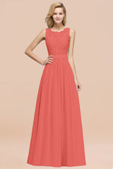 Elegant Chiffon Lace Scalloped Sleeveless Ruffle Bridesmaid Dresses-Babyonlines