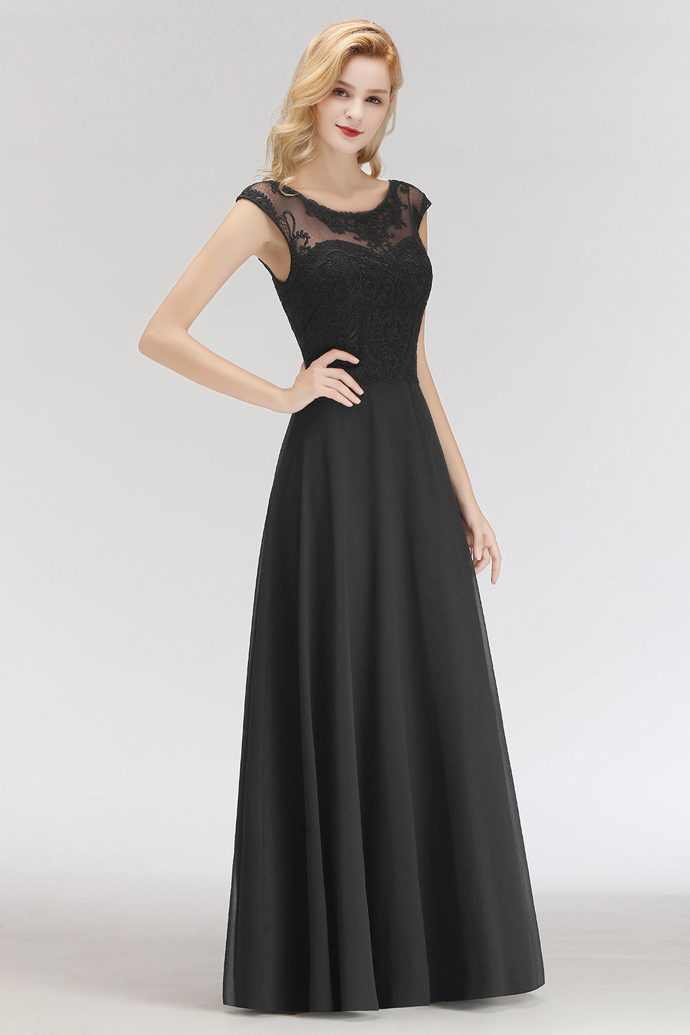 Elegant Chiffon Long Lace Black Bridesmaid Dresses Online-Babyonlines