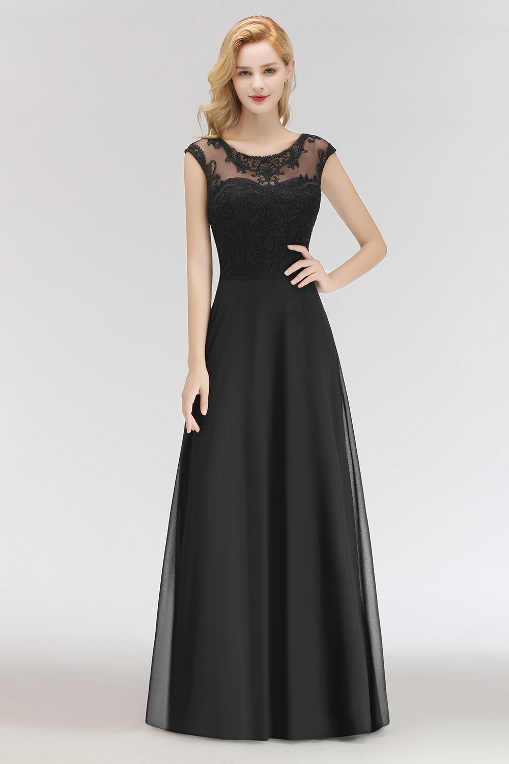 Elegant Chiffon Long Lace Black Bridesmaid Dresses Online-Babyonlines