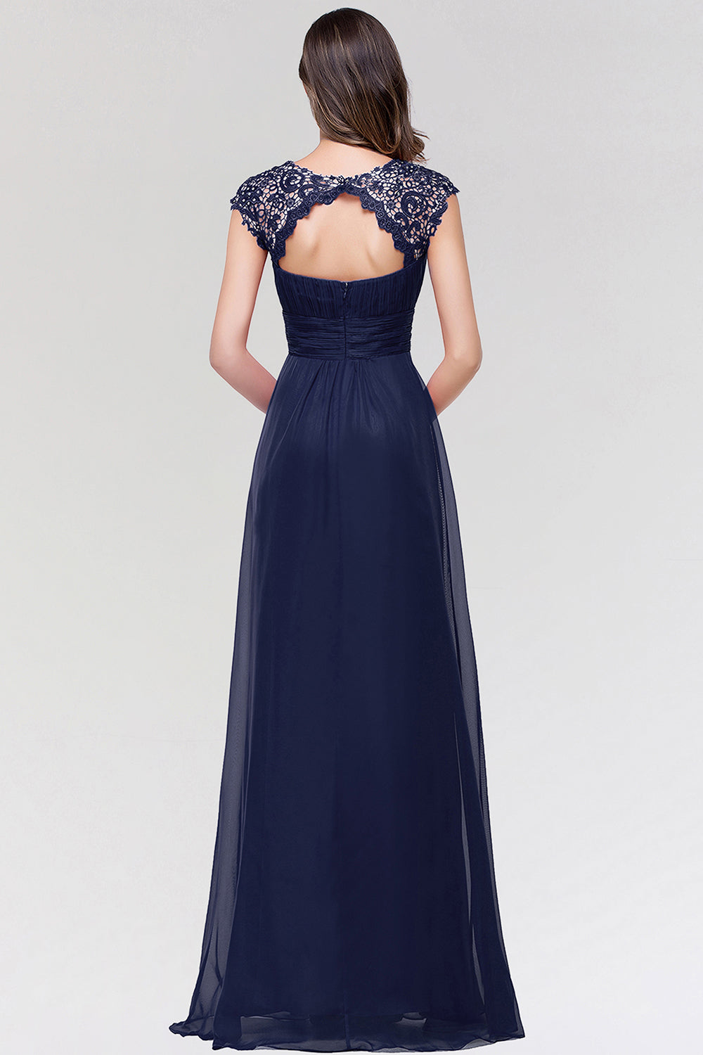 Elegant Chiffon Pleated Navy Lace Bridesmaid Dress with Keyhole Back-Babyonlines
