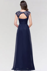 Elegant Chiffon Pleated Navy Lace Bridesmaid Dress with Keyhole Back-Babyonlines