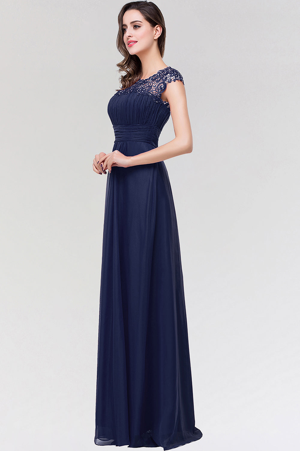 Elegant Chiffon Pleated Navy Lace Bridesmaid Dress with Keyhole Back-Babyonlines