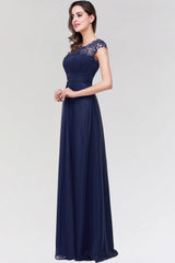 Elegant Chiffon Pleated Navy Lace Bridesmaid Dress with Keyhole Back-Babyonlines