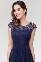 Elegant Chiffon Pleated Navy Lace Bridesmaid Dress with Keyhole Back-Babyonlines