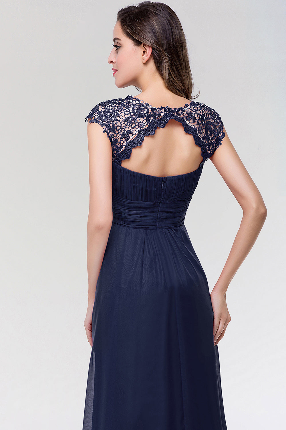 Elegant Chiffon Pleated Navy Lace Bridesmaid Dress with Keyhole Back-Babyonlines