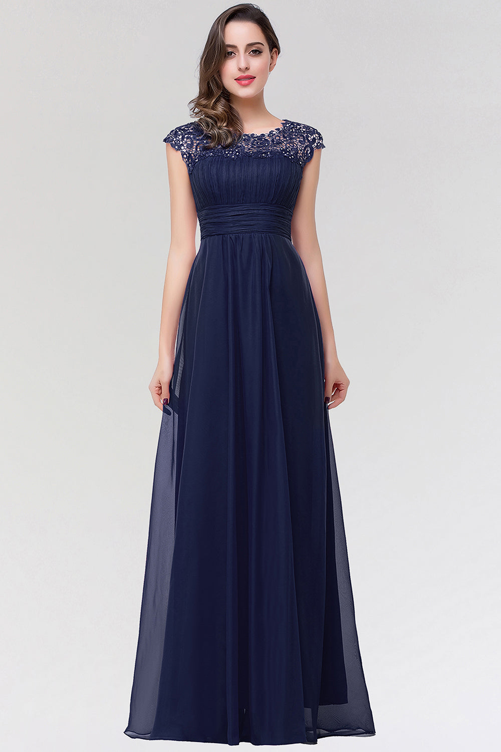 Elegant Chiffon Pleated Navy Lace Bridesmaid Dress with Keyhole Back-Babyonlines