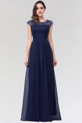 Elegant Chiffon Pleated Navy Lace Bridesmaid Dress with Keyhole Back-Babyonlines