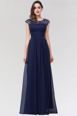 Elegant Chiffon Pleated Navy Lace Bridesmaid Dress with Keyhole Back-Babyonlines