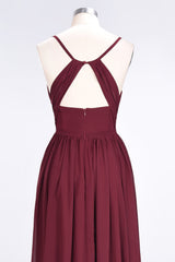 Elegant Chiffon V-Neck Burgundy Bridesmaid Dresses With Spaghetti-Straps-Babyonlines
