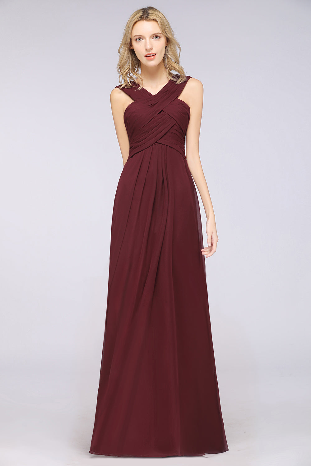 Elegant Chiffon V-Neck Straps Crisscross Burgundy Bridesmaid Dress with Ruffle-Babyonlines