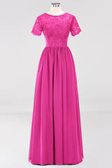 Elegant Dark Navy Long Lace Bridesmaid Dresses with Short-Sleeves-Babyonlines