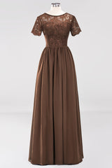 Elegant Dark Navy Long Lace Bridesmaid Dresses with Short-Sleeves-Babyonlines