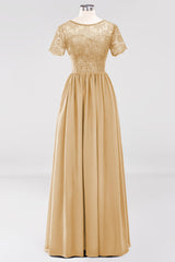 Elegant Dark Navy Long Lace Bridesmaid Dresses with Short-Sleeves-Babyonlines