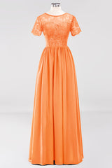 Elegant Dark Navy Long Lace Bridesmaid Dresses with Short-Sleeves-Babyonlines