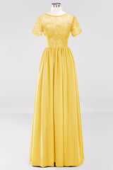 Elegant Dark Navy Long Lace Bridesmaid Dresses with Short-Sleeves-Babyonlines