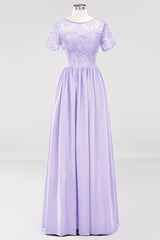 Elegant Dark Navy Long Lace Bridesmaid Dresses with Short-Sleeves-Babyonlines