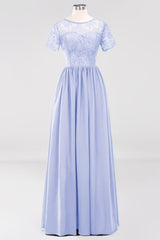 Elegant Dark Navy Long Lace Bridesmaid Dresses with Short-Sleeves-Babyonlines