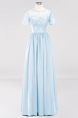 Elegant Dark Navy Long Lace Bridesmaid Dresses with Short-Sleeves-Babyonlines