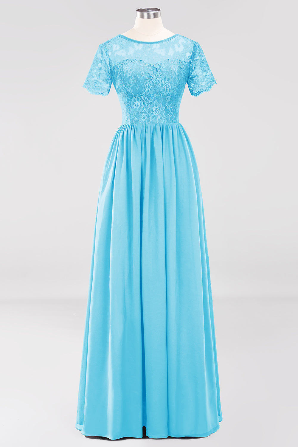 Elegant Dark Navy Long Lace Bridesmaid Dresses with Short-Sleeves-Babyonlines