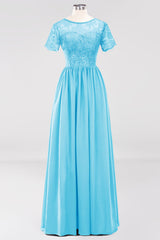 Elegant Dark Navy Long Lace Bridesmaid Dresses with Short-Sleeves-Babyonlines